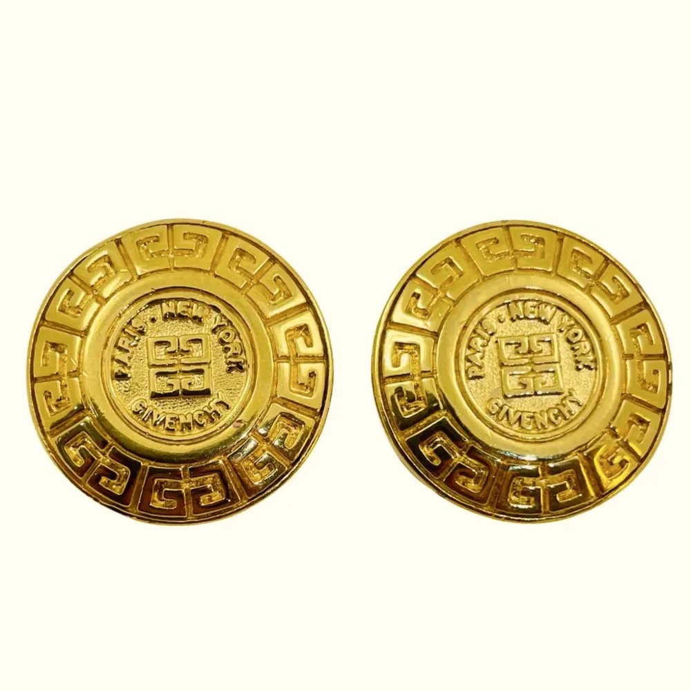 Vintage GIVENCHY Paris New York gold signed logo designer runway clip earrings